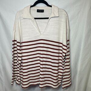 Lane Bryant 14/16 Striped Cream Red Cotton Top Bell Sleeve Collared V Neck Nauti